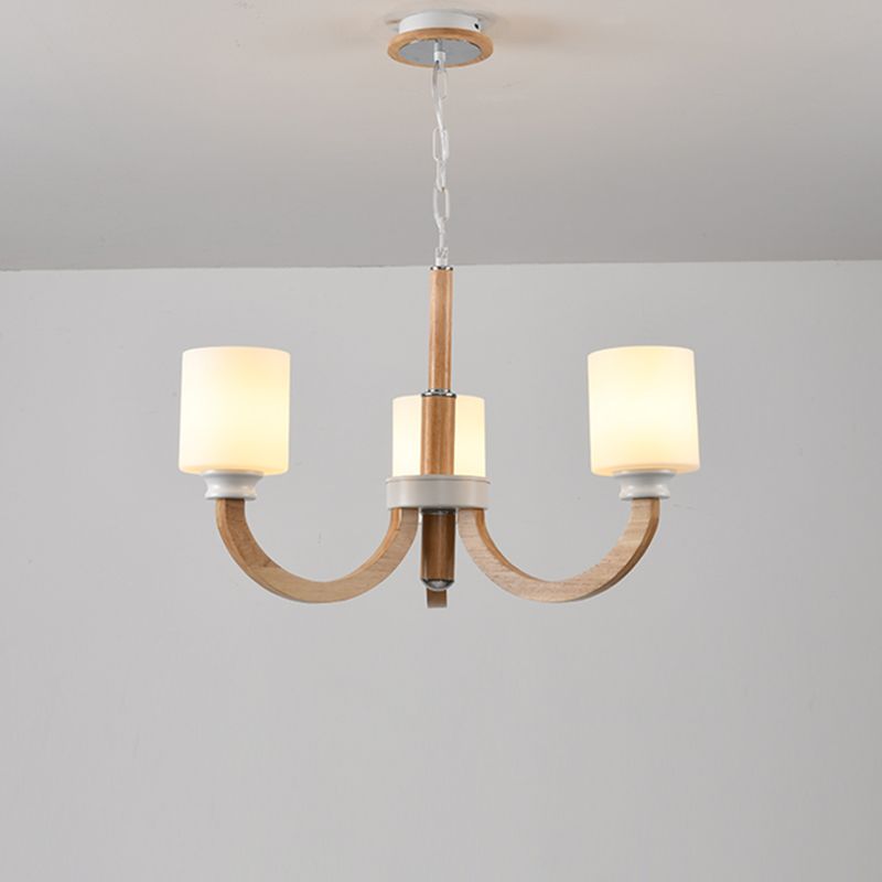 Wooden Arc Arm Up Chandelier Minimalist Brown Hanging Light with Cylindrical White Glass Shade