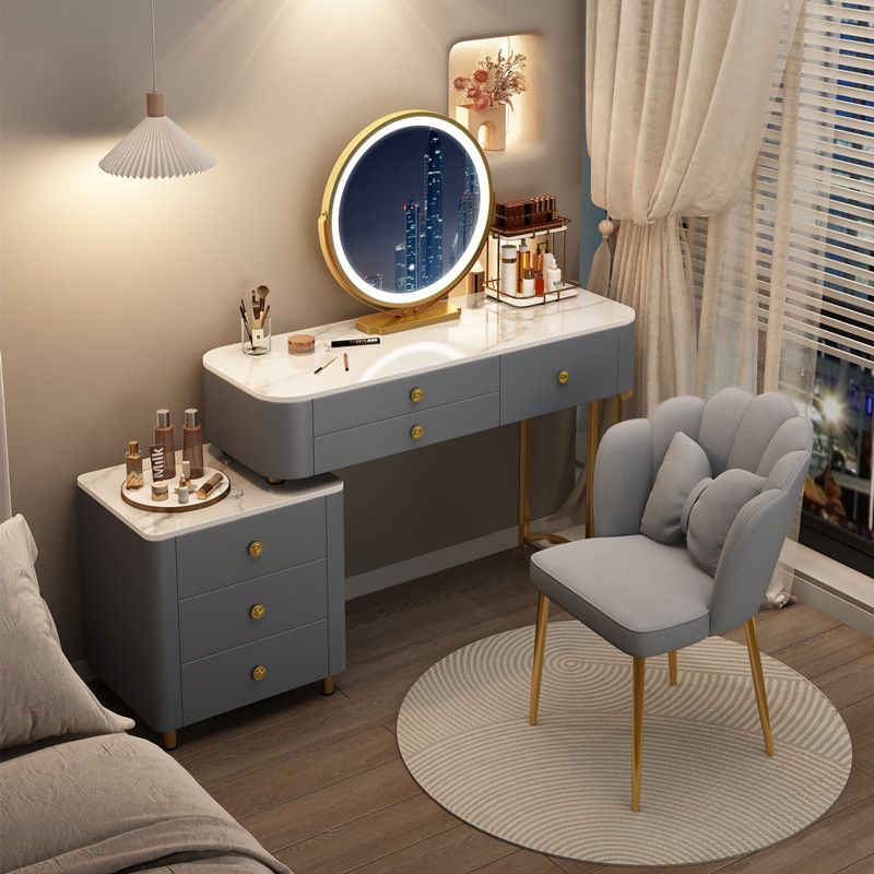 Glam Stone Make-up Vanity Dressing Bedroom Table Stool Set with Drawer
