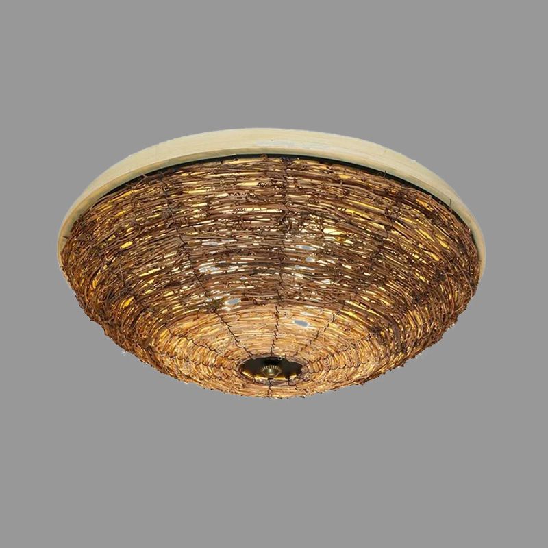3 Bulbs Dining Room Flush Mount Asian Brown Ceiling Mounted Light with Bowl Rattan Shade
