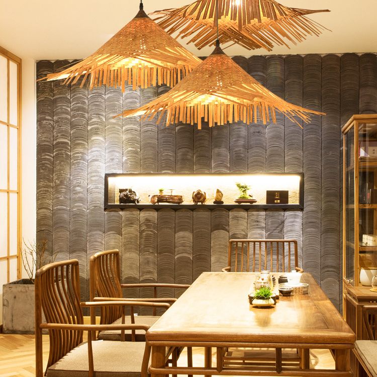 Hat Shape Suspension Pendant Light Bamboo Restaurant Pendant Ceiling Light in Beige