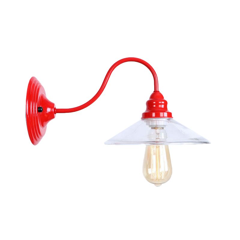 1 Bulb Wide Flare Wall Mounted Light Industrial Red Clear Glass Lighting with Curved Arm