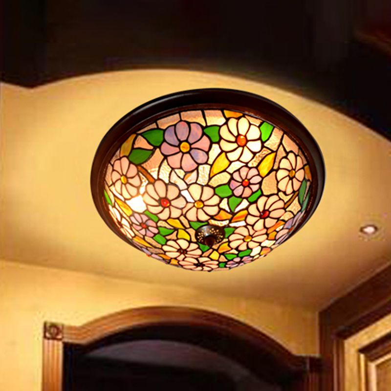 Blooming Stained Glass Ceiling Light Victorian Style Coffee LED Flush-Mount Light Fixture