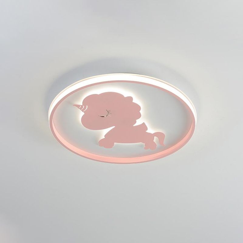 Ring-Flush-Lampe mit blau/rosa Pferd/Elefant-Design, Metall-LED-Cartoon-Deckenleuchte für Kinder