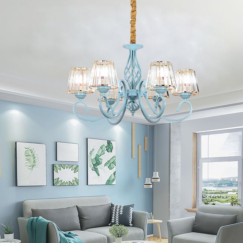 Blue Tapered Chandelier Pendant Light Modern Style Clear Crystal Multi Lights Pendant Lamp