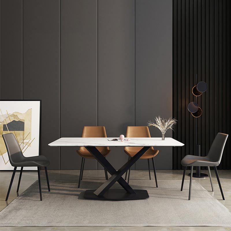 Contemporary Stone Dining Table Rectangle Dining Table with Pedestal Base in Black