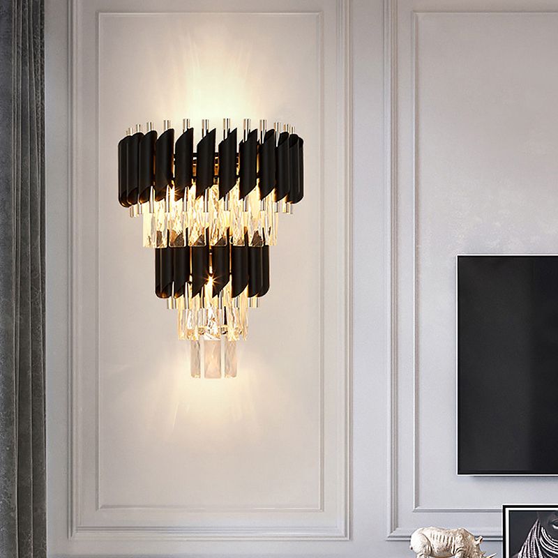 3-Bulb Tiered Tapered Flush Wall Sconce Contemporary Black Beveled Crystal Wall Light Fixture