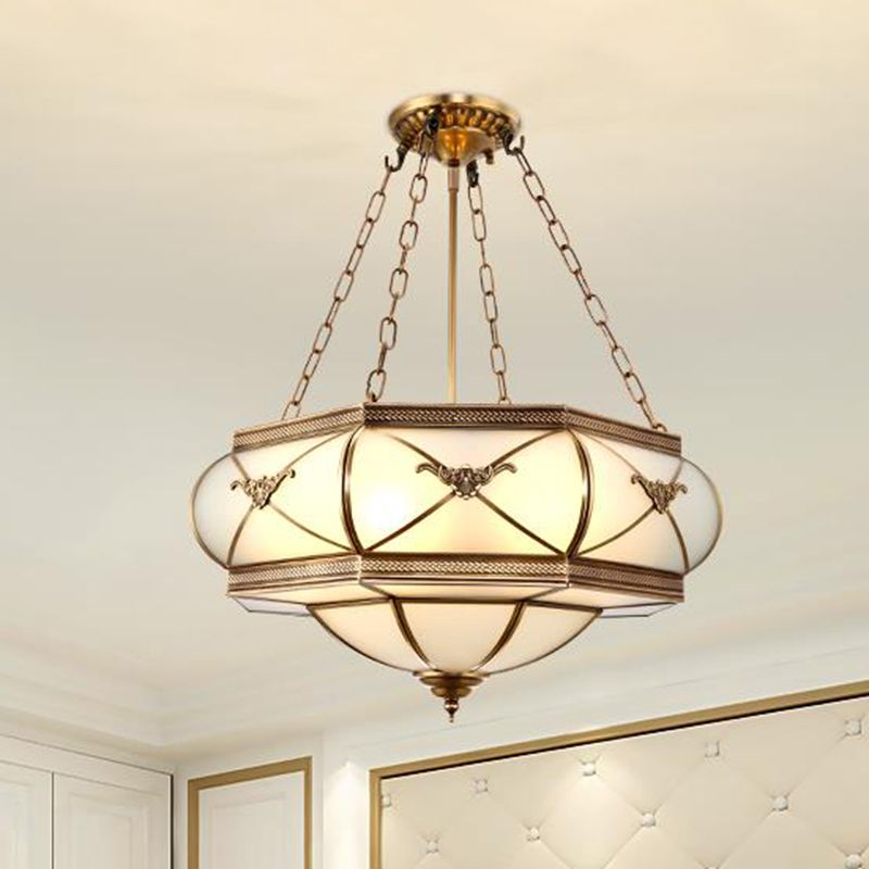 Brass 4 Heads Semi Flush Mount Lighting Traditional White Opal Glass Drum Close to Ceiling Lamp
