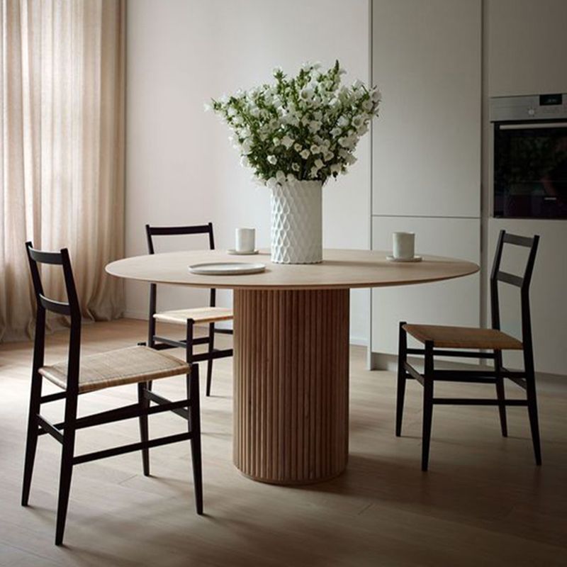 Modern Solid Wood and Stone Round Dining Table with Pedestal