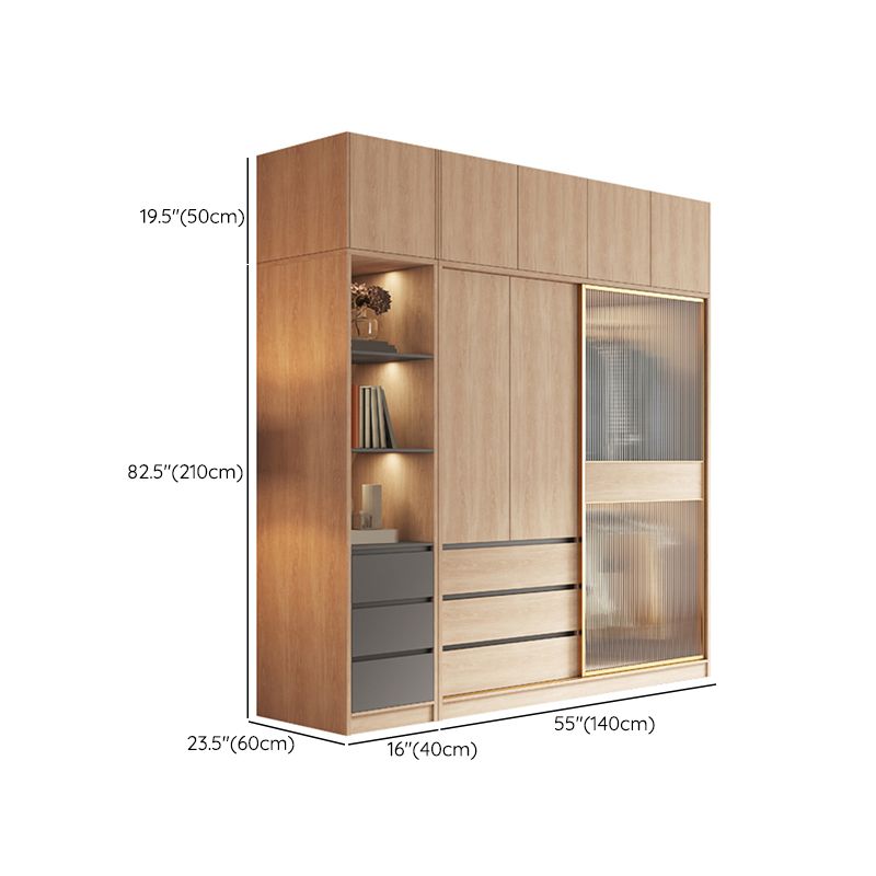 Contemporary Glass Sliding Doors Wardrobe Natural Wood Wardrobe with Drawers