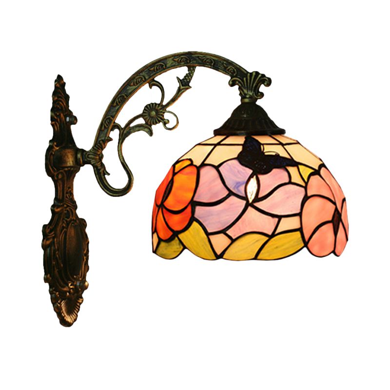 Single Butterfly and Peony Wall Sconce Tiffany Bronze Stained Glass Wall Mount Lamp