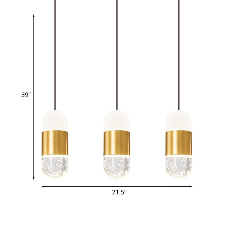Brass 3-Head Cluster Pendant Minimalist Seedy Crystal Capsule Hanging Ceiling Light for Dining Room