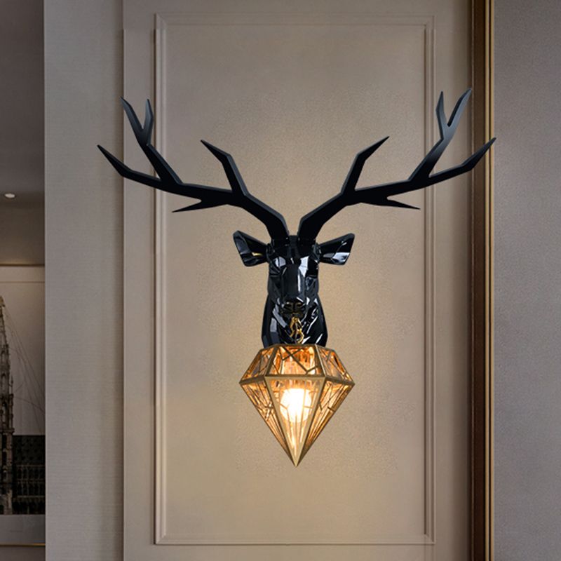 Resin Deer Wall Light Traditional 14.5"/19.5" Wide 1 Light White/Black Sconce Light with Diamond Metal Shade