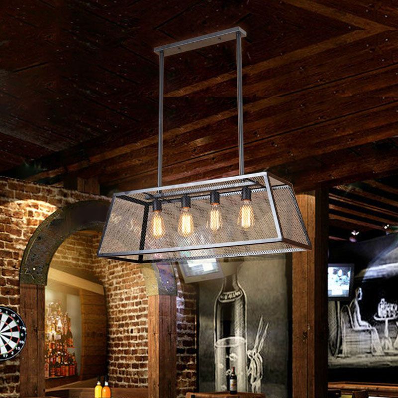 Iron Trapezoid Suspension Light Antique 4 Heads Restaurant Island Chandelier Light in Black