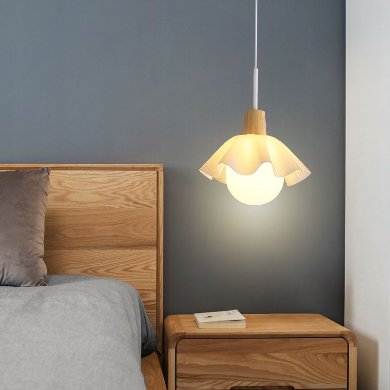 Witte bol hanglamp in moderne beknopte stijl houten binnenhangende lamp met glazen schaduw
