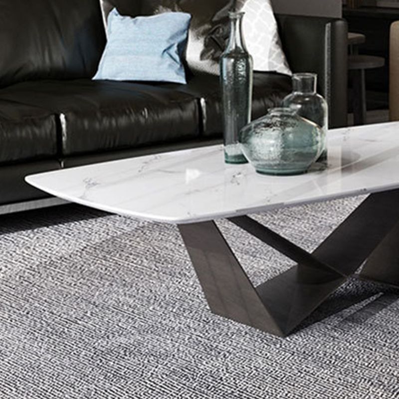 Glam Rectangle White Coffee Table with Marble Top and Steel Base
