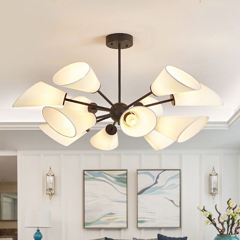 Metal Sputnik Chandelier Lamp Contemporary Multi Lights Gold/Black Led Hanging Pendant Light with White Fabric Cone Shade