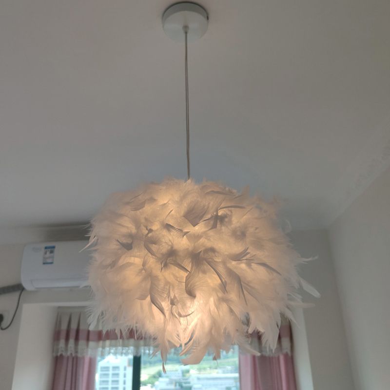 Hand-Worked Hemispherical Pendant Lamp Nordic Feather 1 Bulb White Hanging Light Kit, 11"/15"/19.5" W