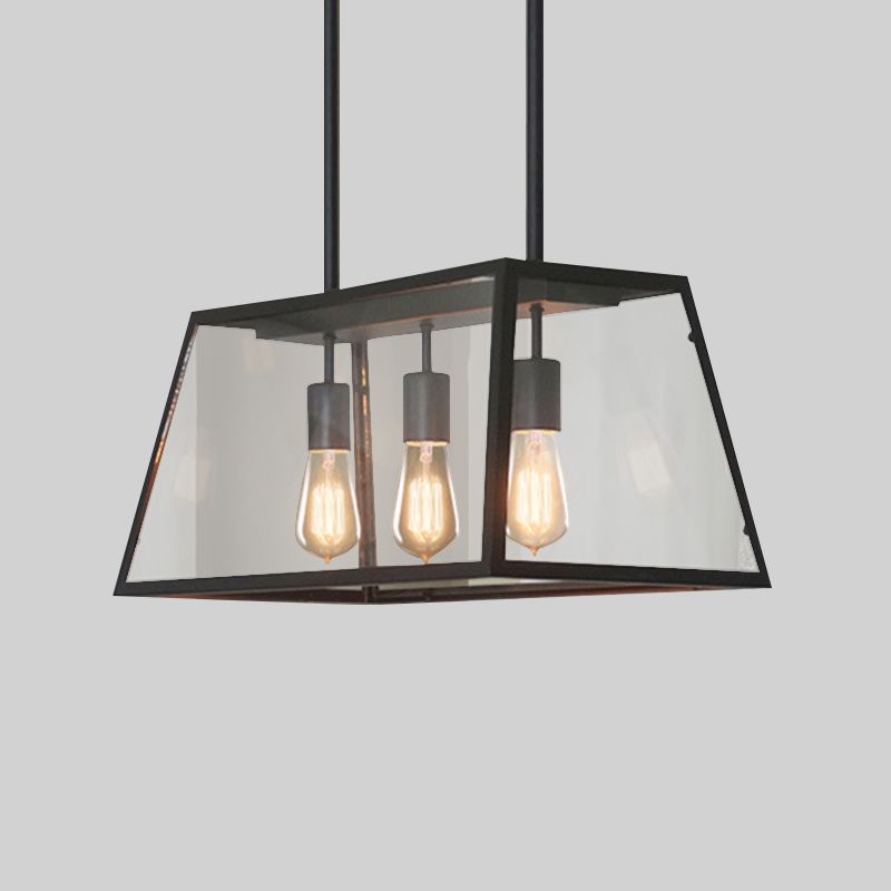 3-Bulb Clear Glass Hanging Light Kit Industrial Black Trapezoid Kitchen Island Lighting Fixture
