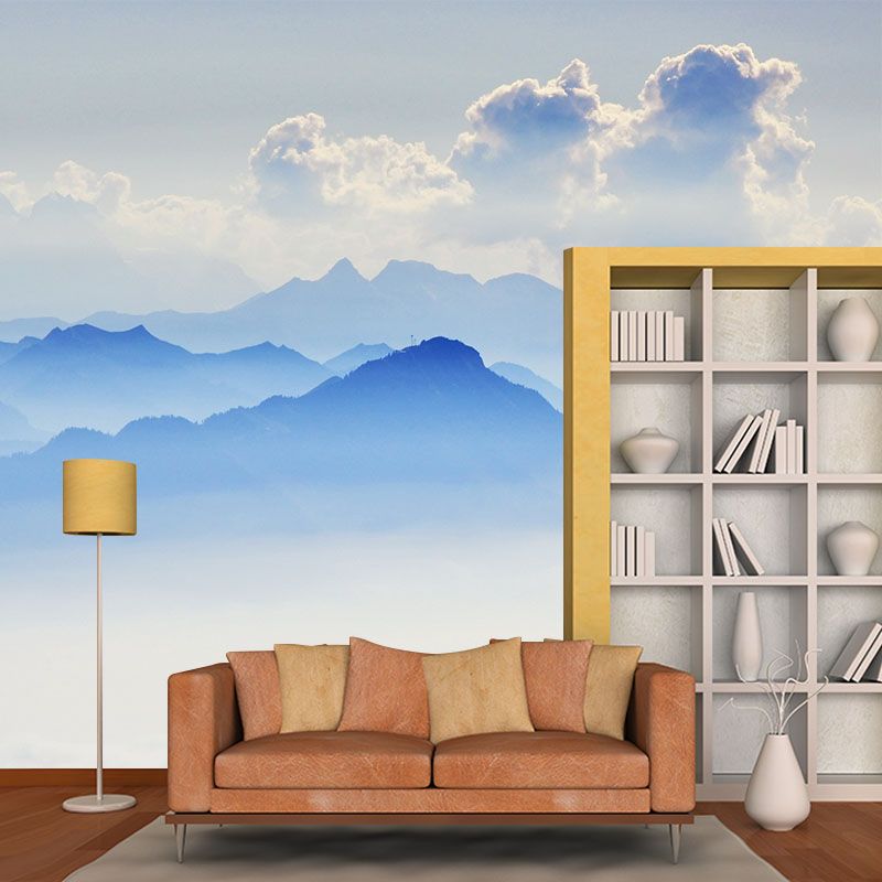 Blue Smoggy Mountain Landscape Mural Moisture Resistant Wall Art for Living Room