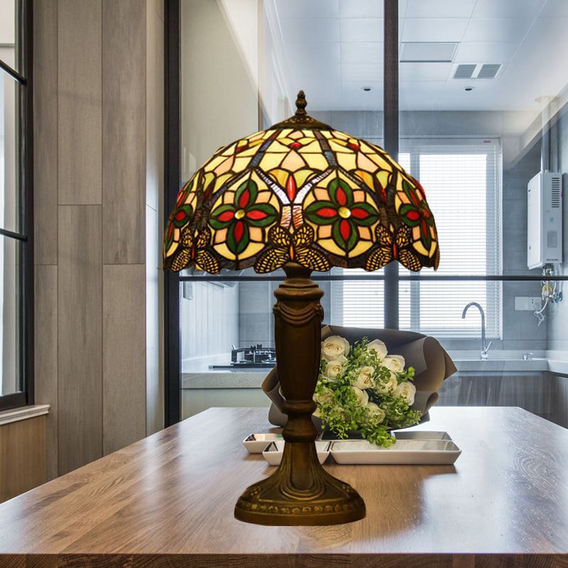 Domed Cut Glass Night Table Light Victorian 1 Light Beige/Orange Floral Patterned Desk Lighting with Blaster