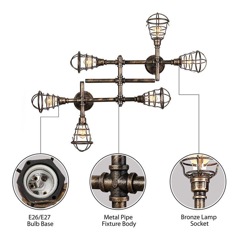 Jaula de alambre de latón, luz semiempotrada, hierro Industrial Vintage, 4/6/8 cabezales, iluminación de techo para sala de estar con tubo