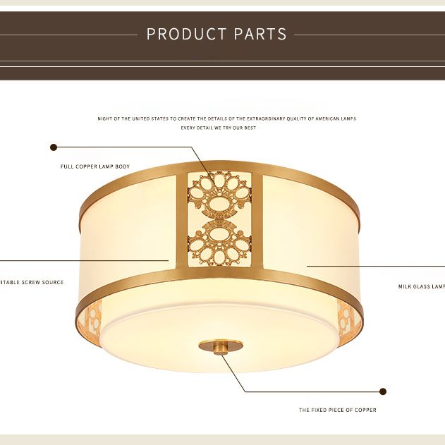 Brass Relief Design American Rustic Ceiling Light Drum Shaped Acrylic Shade Living Room Lighting Fixture