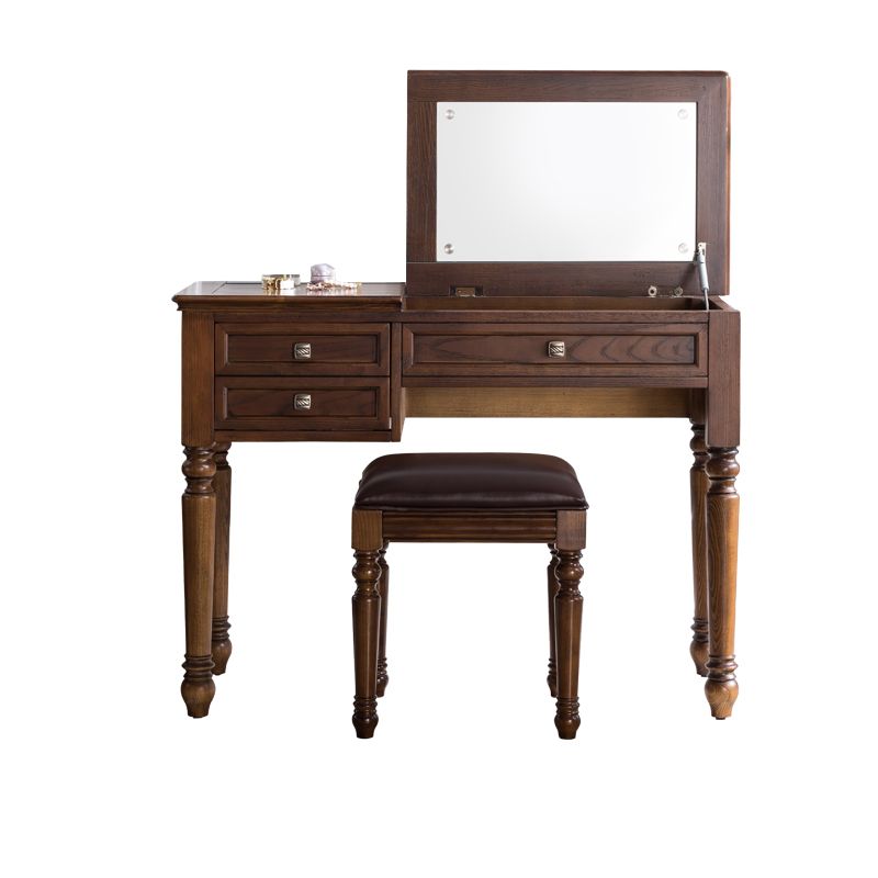 30.7" Height 2-Drawer Brown Solid Wood Dressing Table Mirror Makeup Vanity