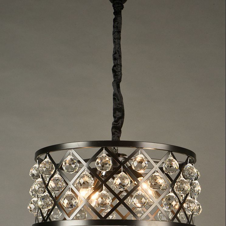 Drum Living Room Suspended Lighting Fixture Crystal Encrusted Modern Ceiling Suspension Lamp in Black
