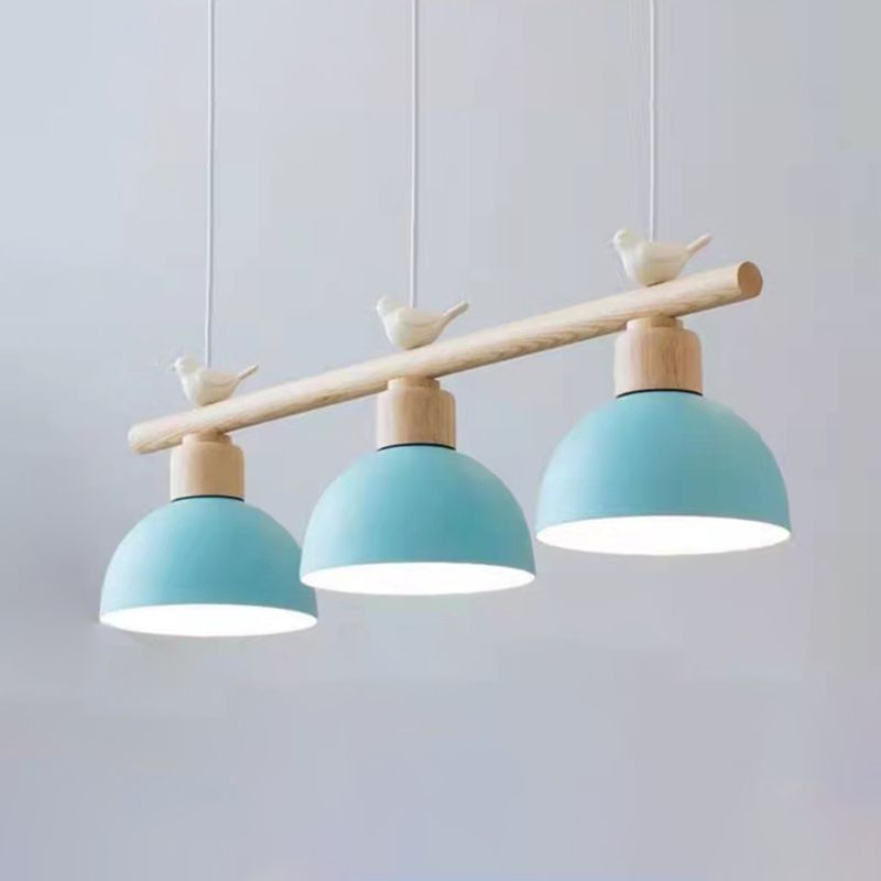 3 Lights Island Pendant Macaron Bowl Metal Pendant with Wood Electric Light Socket