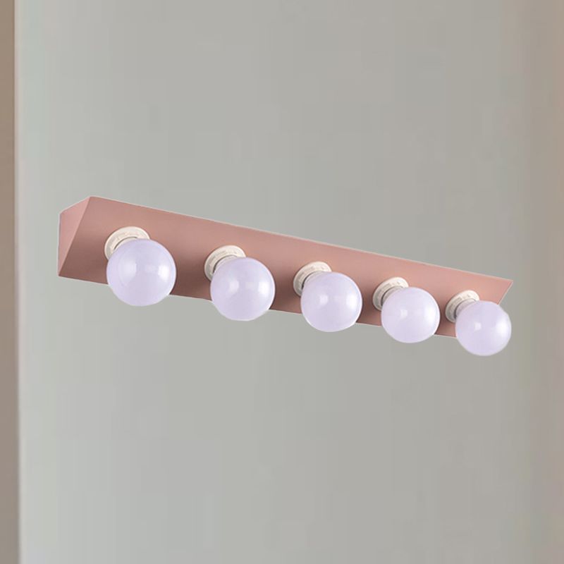 Metal Linear Vanity Sconce Light with Bare Bulb Macaron Style 5 Lights Wall Sconce in Pink/Yellow