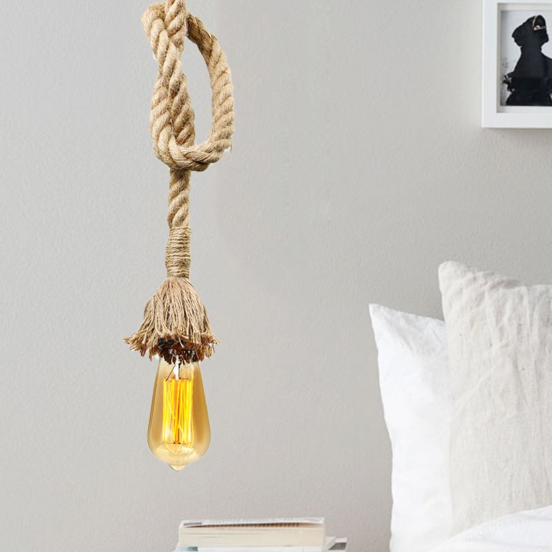 Minimalist Style Exposed Hanging Lamp 1 Light Natural Rope Adjustable Ceiling Light Fixture in Beige