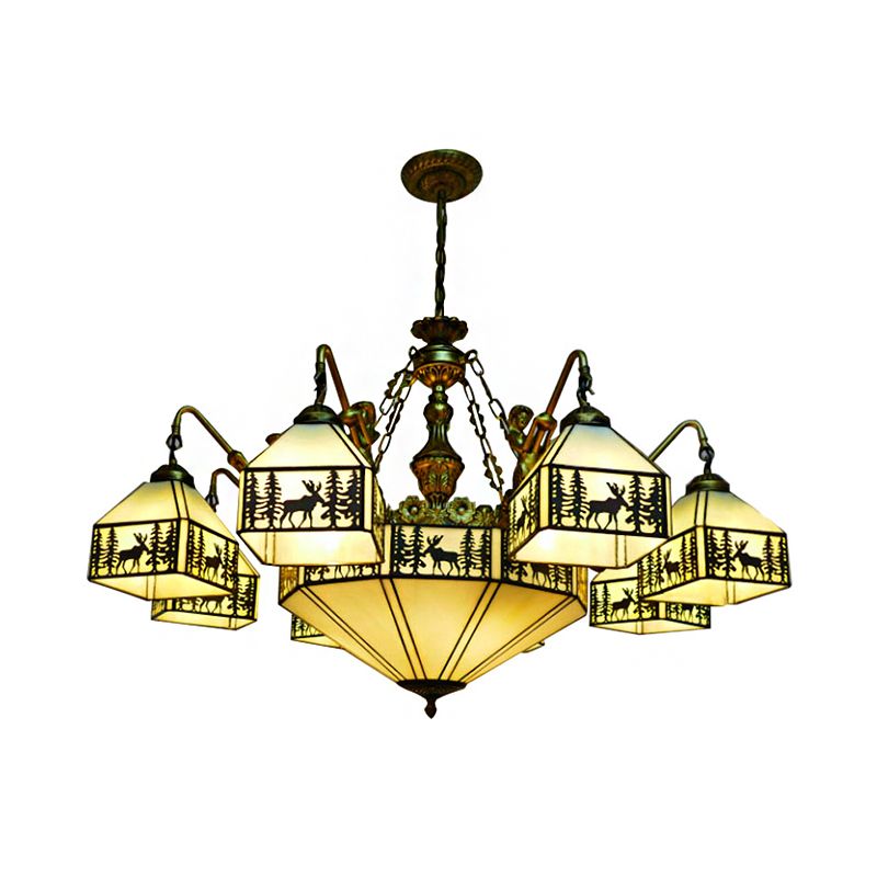 9-Light Small House Inverted Chandelier Country Stained Glass Hanging Fixture