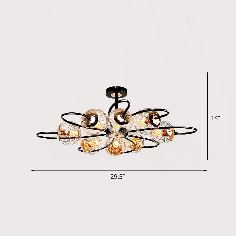 Black Floral Swirl Chandelier Minimalist Clear Ball Glass Pendant Light for Living Room