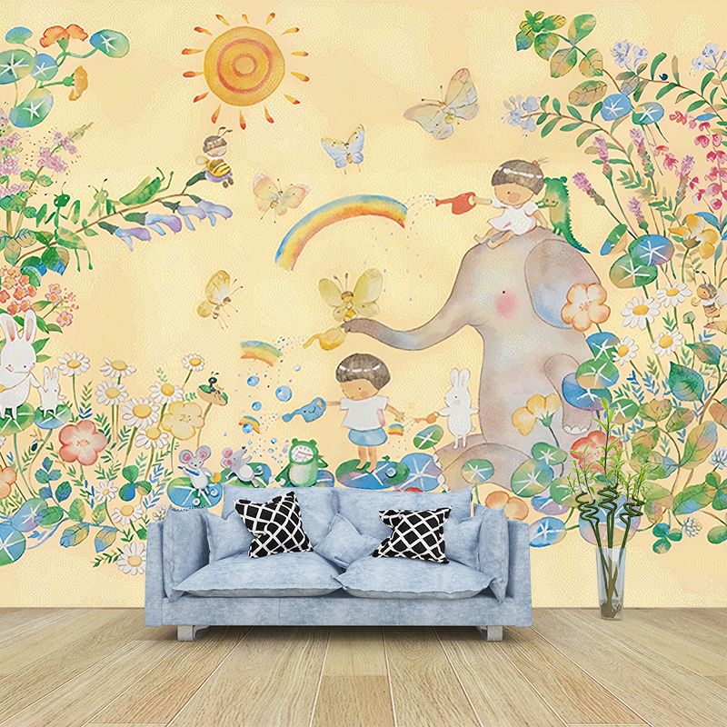 Wonderland Mural Wallpaper Pastel Color Childrens Art Wall Covering for Kindergarten