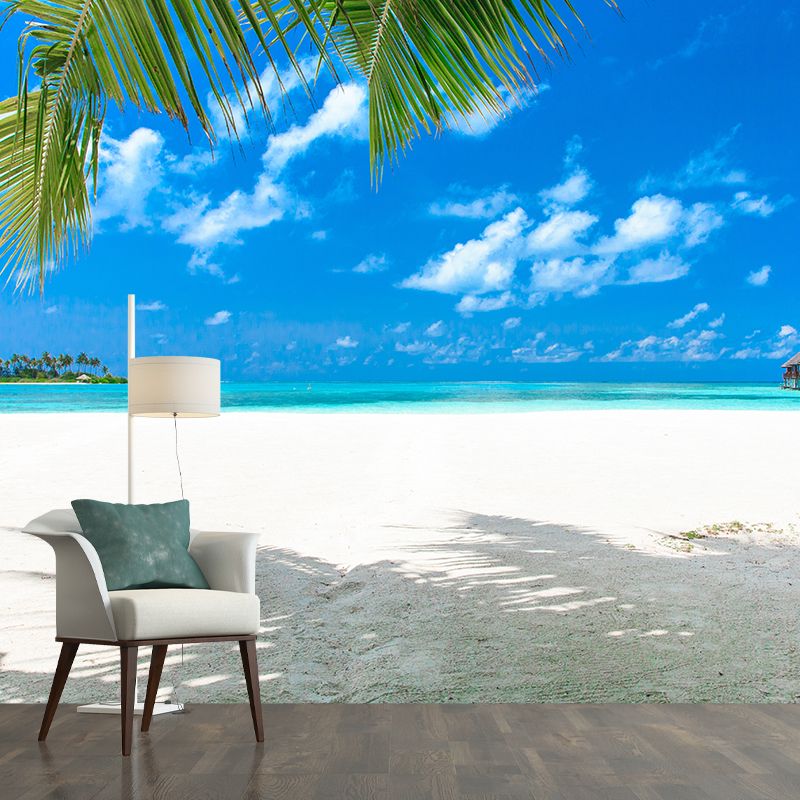 Beach with Palm Tree Mural Bright Tropical Wall Covering for Accent Wall, Custom Size