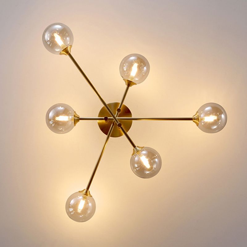 Post-Modern Metal Semi Flush Mount Globe Glass Shade Ceiling Flush Mount in Gold for Bedroom