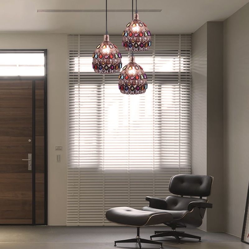 1/3-Light Dome Pendant Ceiling Fixture with Crystal Gem Bohemia Hanging Light in Weathered Copper with Round/Linear Canopy