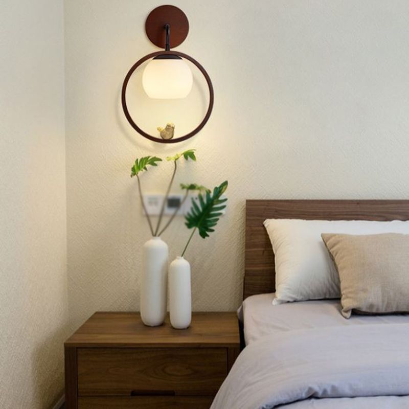 Round Shape Wood Vanity Sconce Light Modern Style 1-Light Vanity Mirror Lights