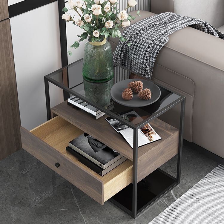 21.65" Tall Rectangular Glass Top Side Table Stainless Steel Frame End Table with Storage
