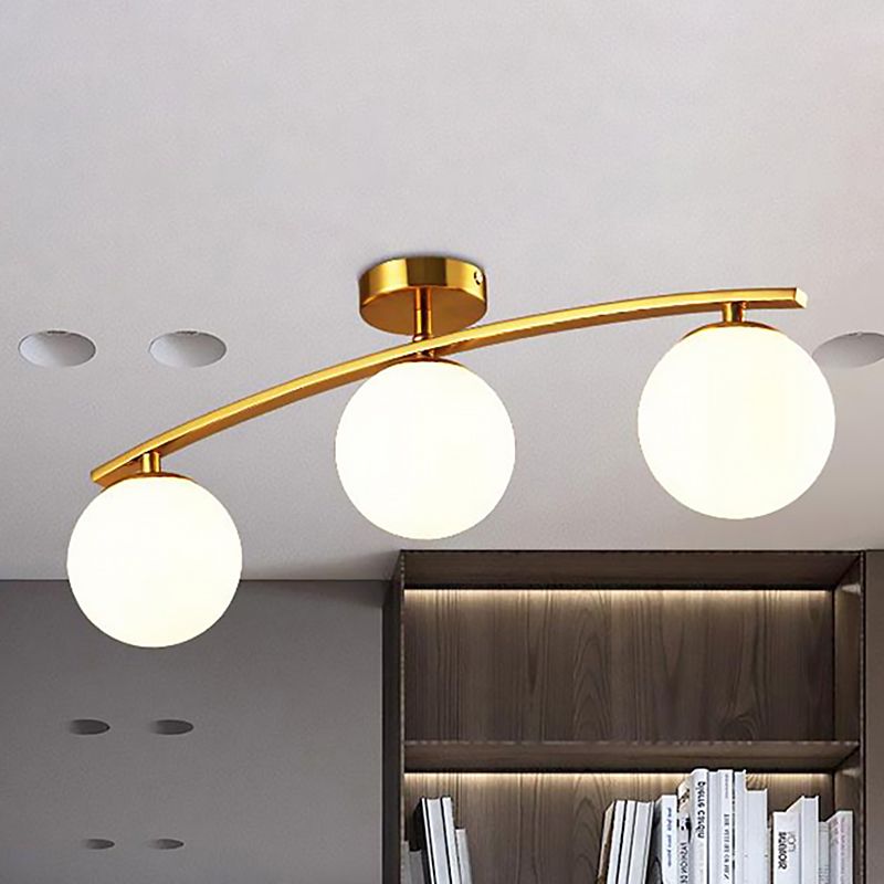 Modern Sphere Shade Semi Ceiling Mount Light Opal Glass Gold Ceiling Lamp for Study Room