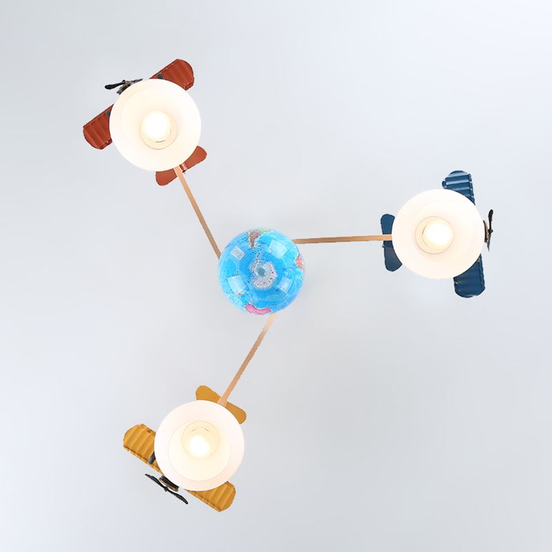 Cream Glass Dome Pendant Lamp Kids 3-Light Blue Ceiling Light with Geographic Globe and Airplane Deco