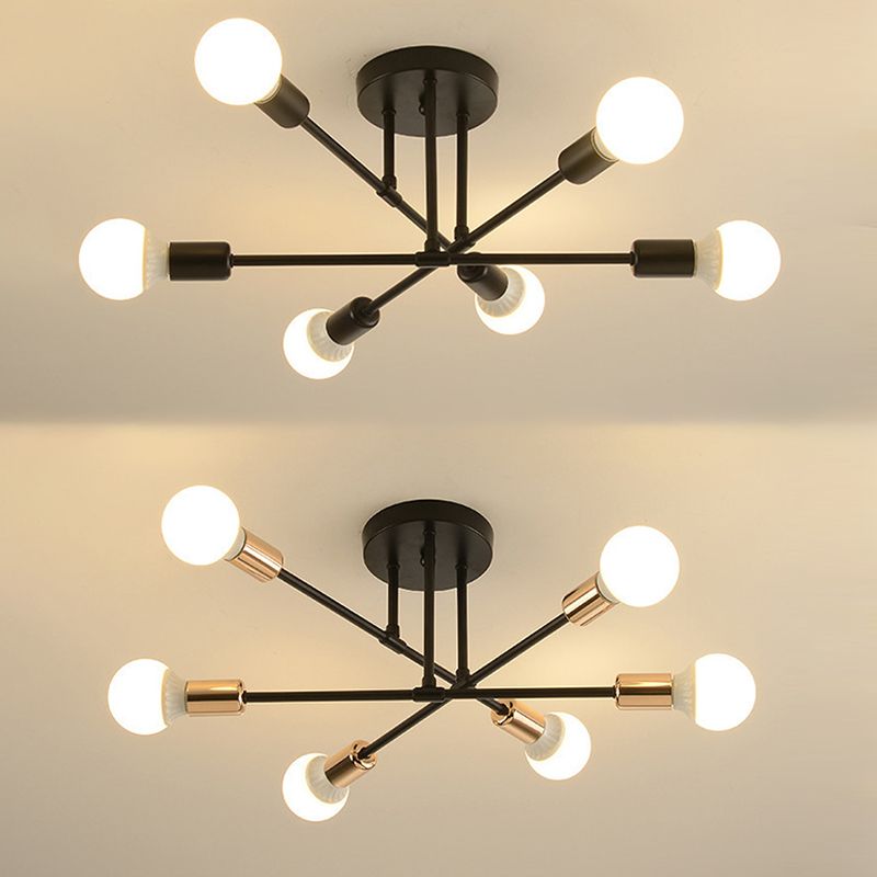 6-Lights Bare Bulb Design Ceiling Light 26.7" Wide Industrial Style Metal Semi Flush-mount Light for Dining Room
