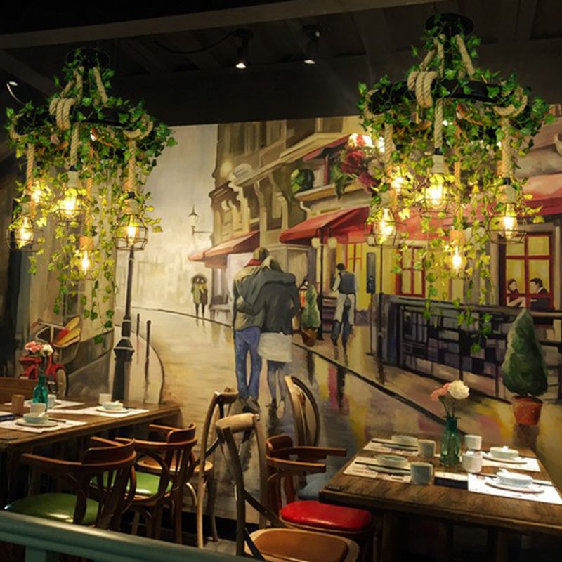 Circular Metal Pendant Light Rustic 6-Light Restaurant Chandelier with Cage and Fake Plant