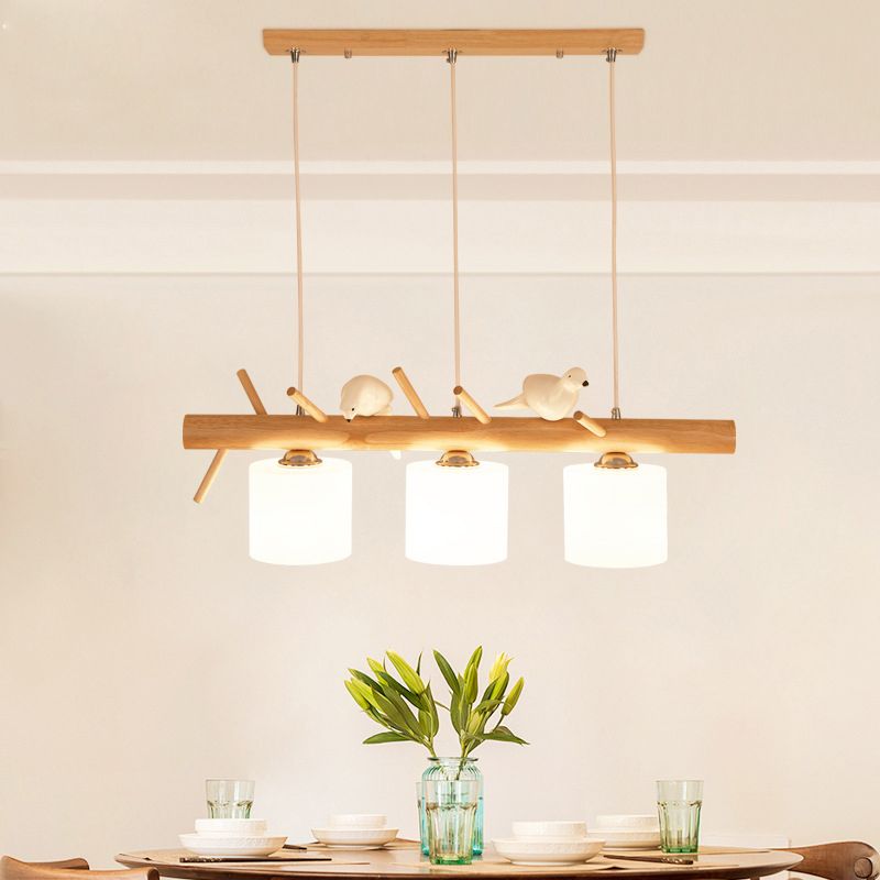Solid Wood Branch Shaped Island Light with Birds Elements Modern Simplicity Style Lighting Fixture for Dining Room