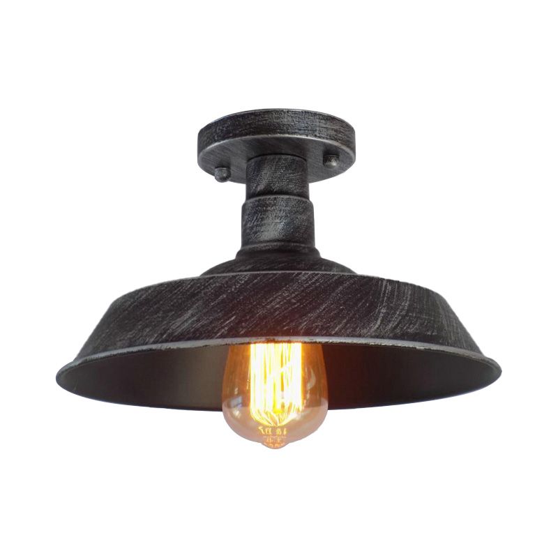 Farmhouse Barn Shade Semi-Flush Mount 1 Head Wrought Iron Ceiling Light Fixture in Aged Silver/Weathered Copper