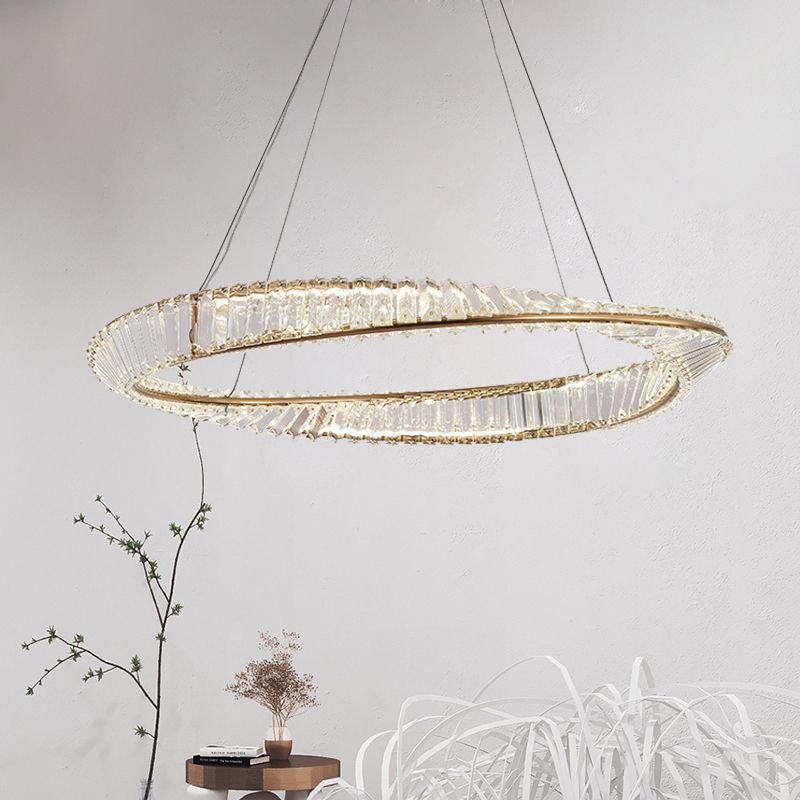 Modern Luxury Circular LED Pendant Light Wrought Iron Hanging Lamp with Crystal Shade