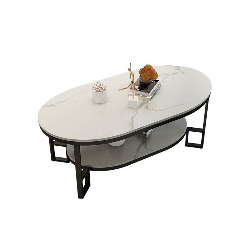 4 Legs Cocktail Table Shelf Included Oval Stone Coffee Table