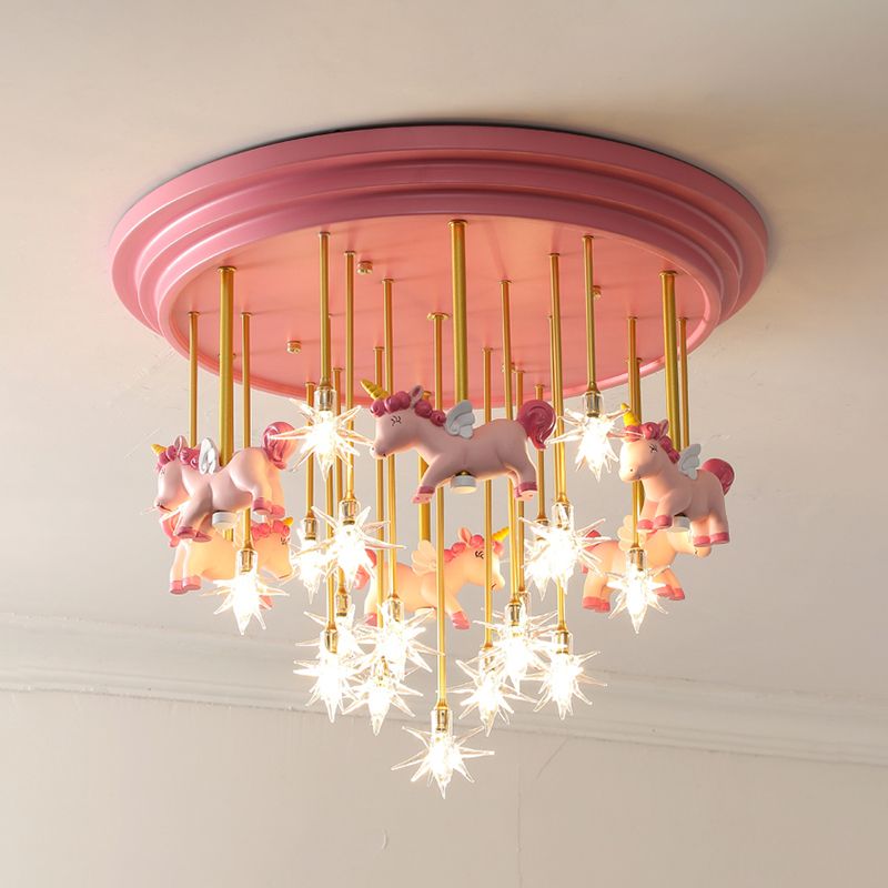 Childrens Star Shade Flush Mount Light Clear Glass Child Room LED Semi Flush Ceiling Light with Unicorn Decor