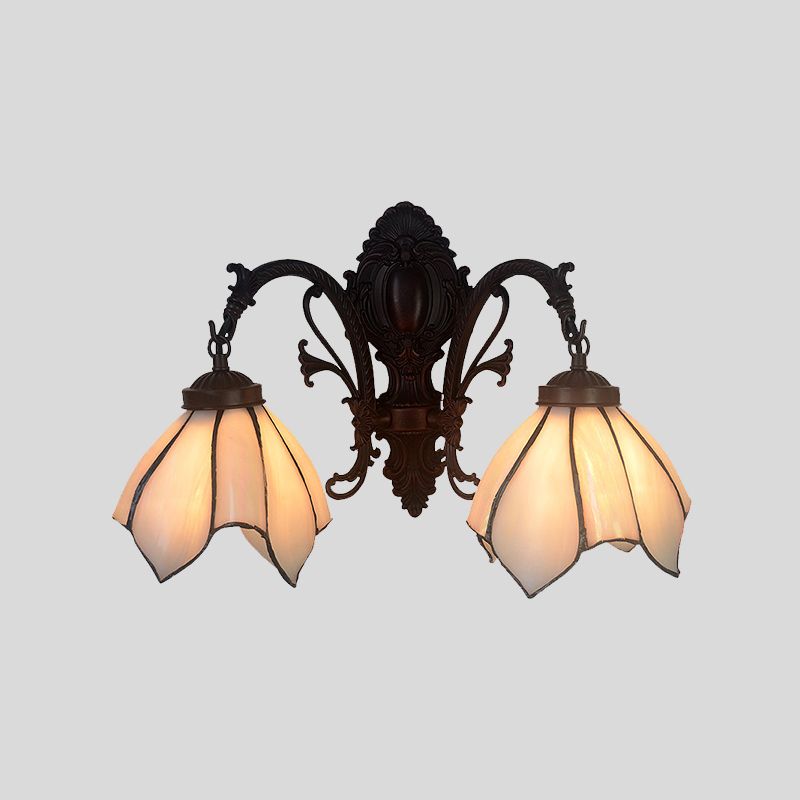 White/Pink Glass Copper Wall Light Sconce Lotus 2 Bulbs Victorian Wall Mount Lamp with Curved Arm