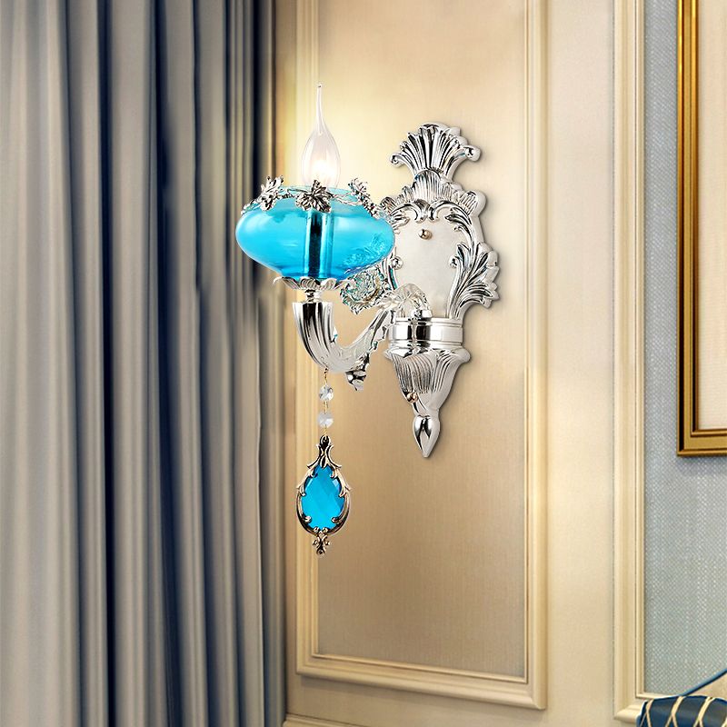 Oblate Blue Glass Wall Light Fixture Vintage Corridor Wall Mounted Lamp with Crystal Accent in Silver